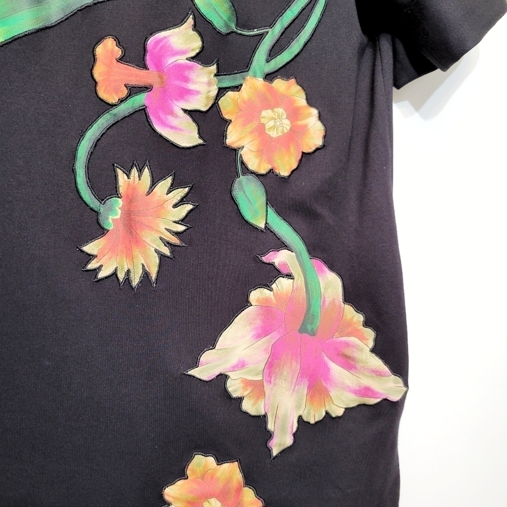 Natori Lightweight Black Ponte Floral Applique T-Shirt Dress Size Small - Picture 8 of 12